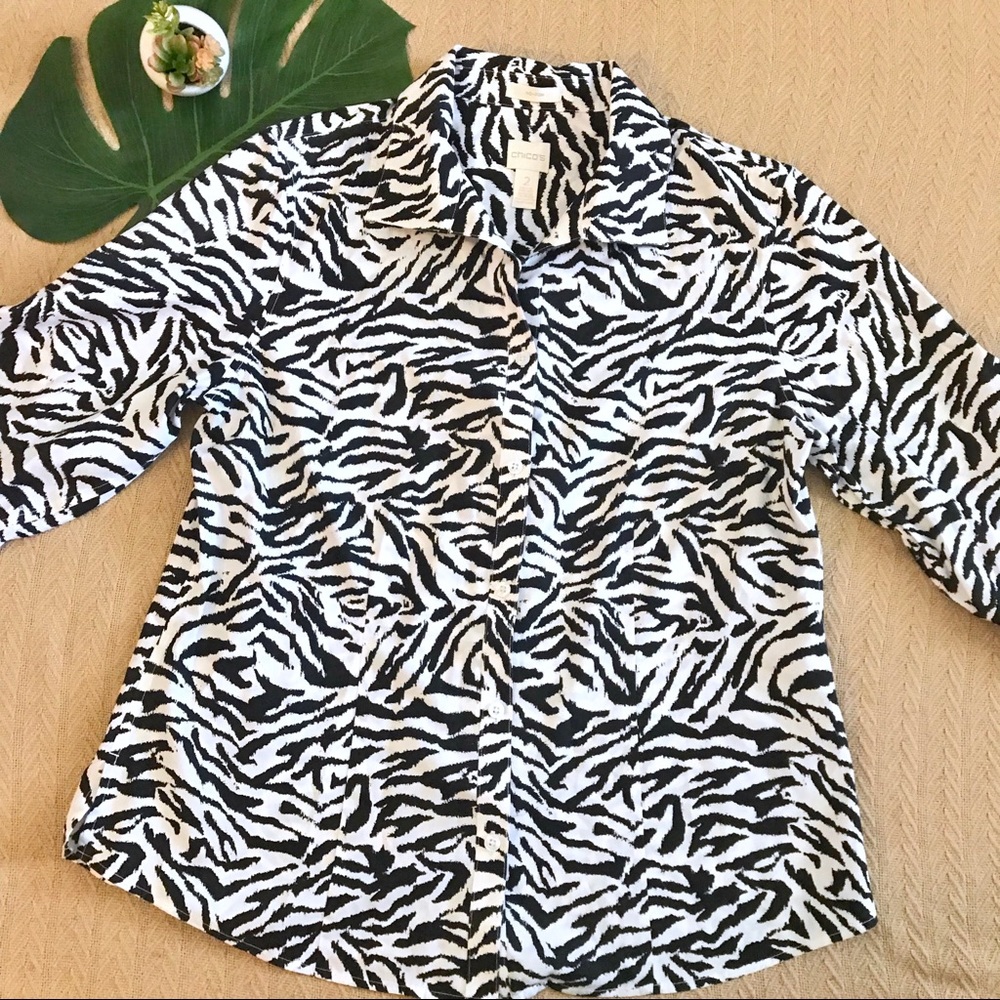 Chico’s No Iron Button Up Top Zebra Animal Print